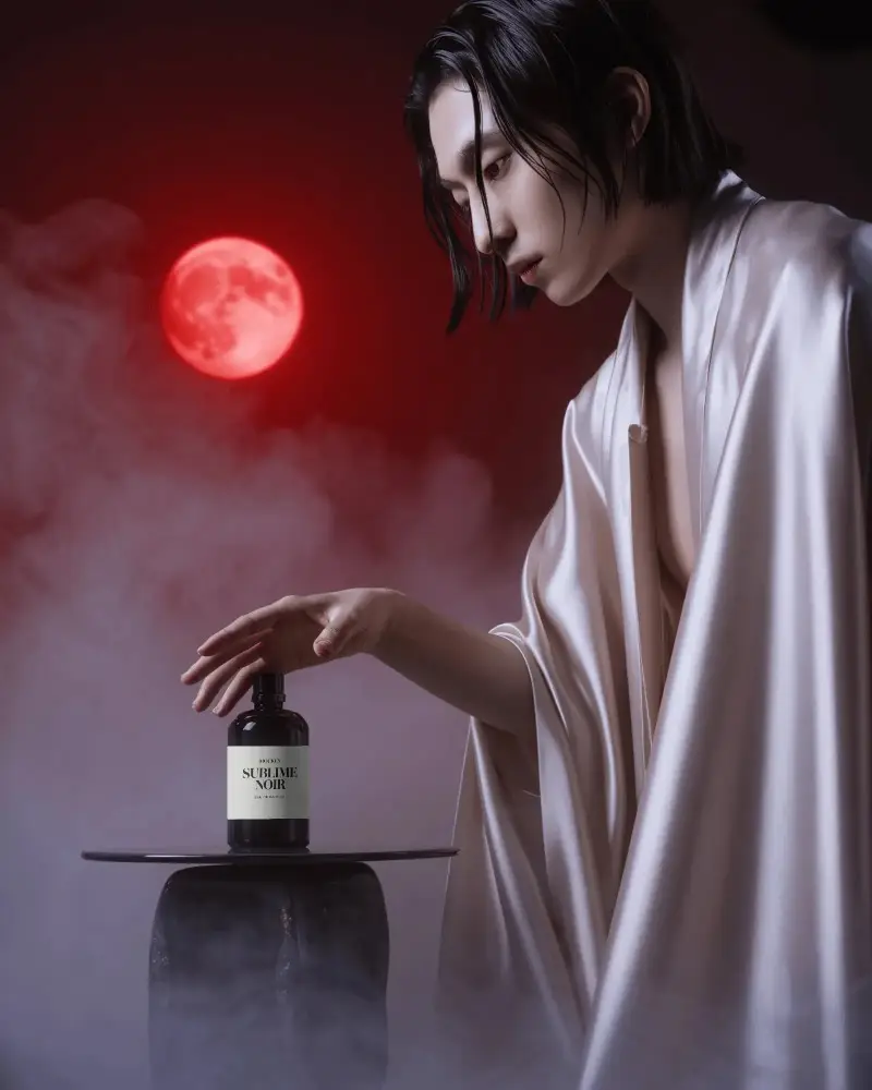 Halloween Perfume Mockup Mysterious Man In Satin Robe With Red Moon And Smoky Atmosphere