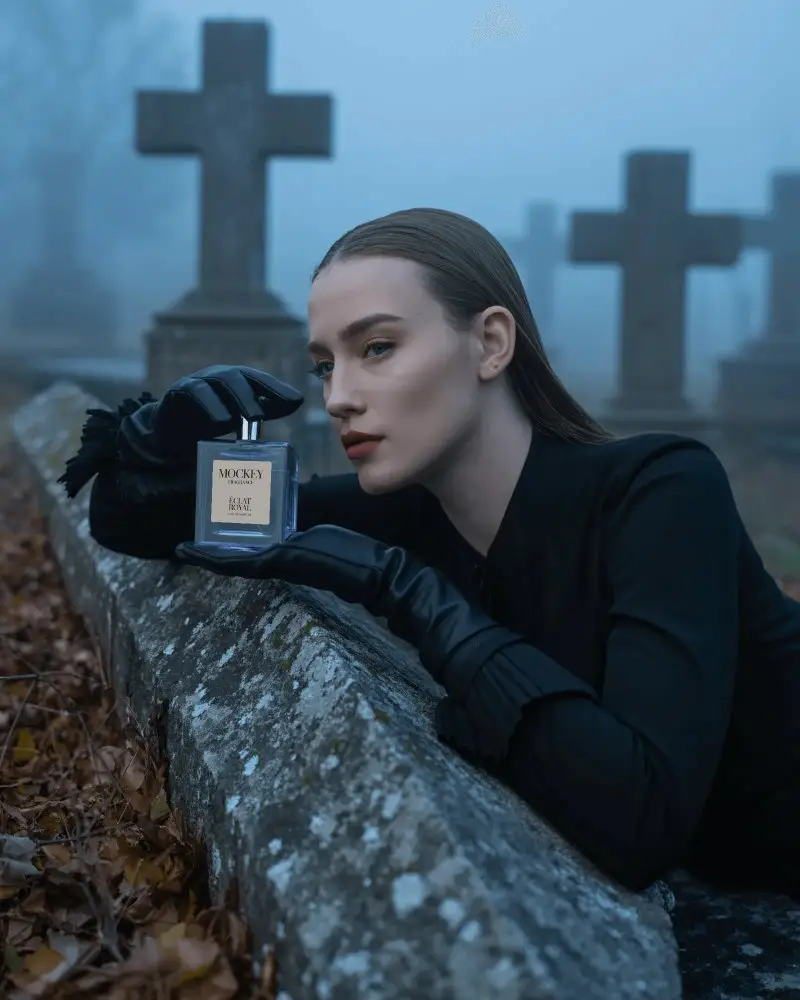 Gothic Halloween Perfume Mockup Elegant Woman In Black With Bottle Amid Graveyard Fog
