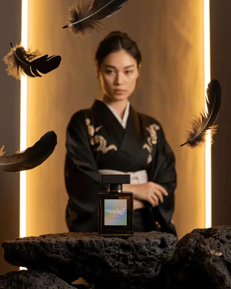 Halloween Perfume Mockup Elegant Woman In Black Kimono With Floating Feathers And Golden Light