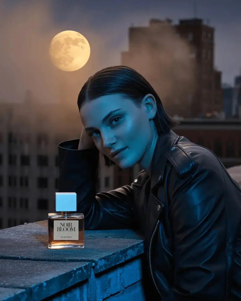 Halloween Perfume Mockup Woman In Leather Jacket Under Full Moon On City Rooftop
