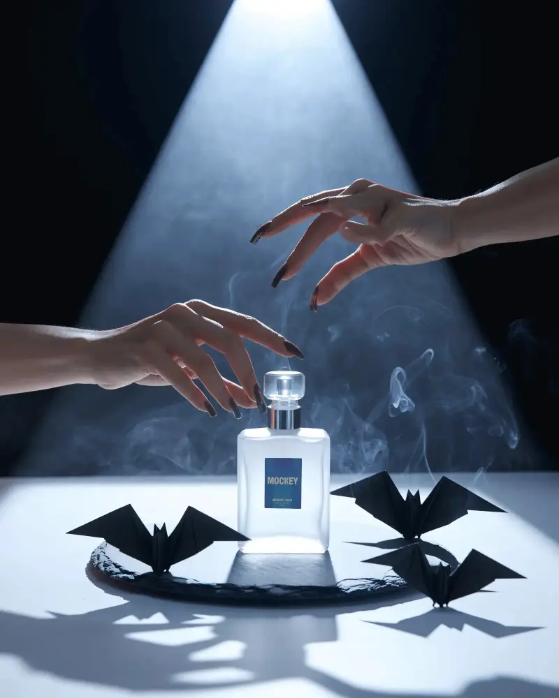 Halloween Perfume Mockup Dark Aesthetic With Hands Reaching Over Bottle And Origami Bats