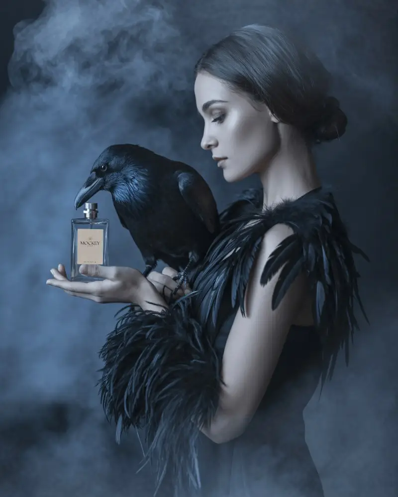 Halloween Perfume Mockup Elegant Woman In Black With Raven And Mystical Smoky Backdrop