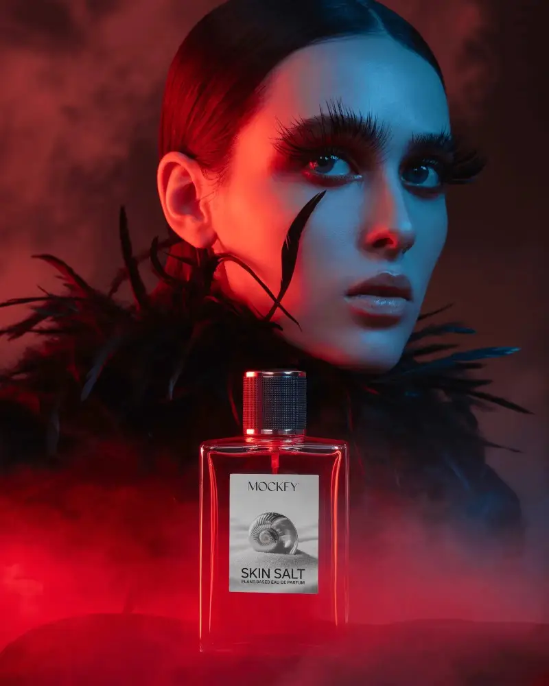 Halloween Perfume Mockup Dark Feathered Woman With Intense Red And Blue Dramatic Light
