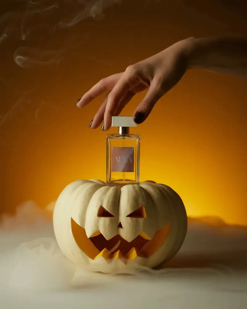 Halloween Perfume Mockup Glowing Jack O Lantern With Hand Reaching For Luxury Bottle