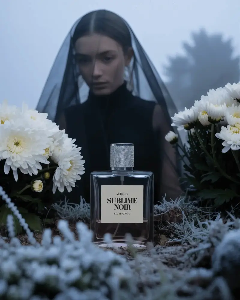 Halloween Perfume Mockup Mourning Woman In Black Veil With Flowers And Foggy Background