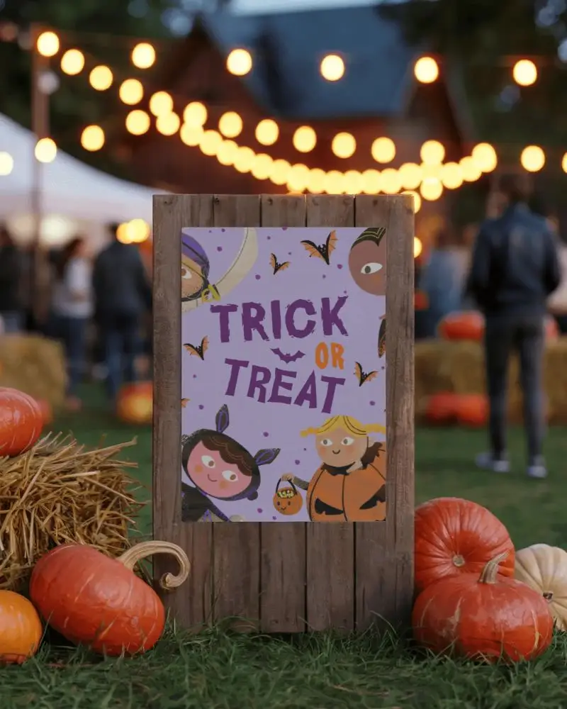 Outdoor Halloween Poster Mcokup With Pumpkins Straw And Blurred Background