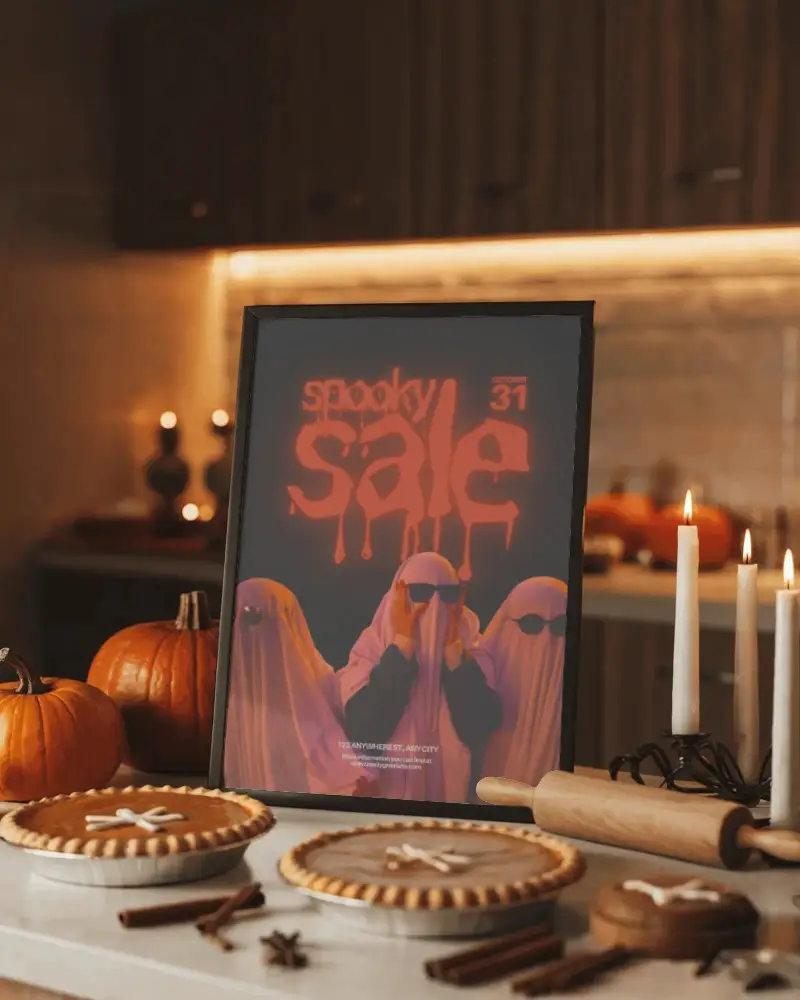 Festive Halloween Poster Mockup With Pie Decorations With Pumpkins