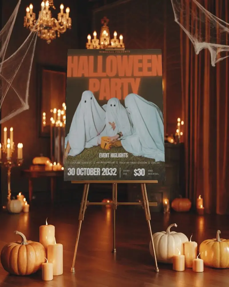 Eerie Halloween Poster Mockup With Candlelit Pumpkin Setting