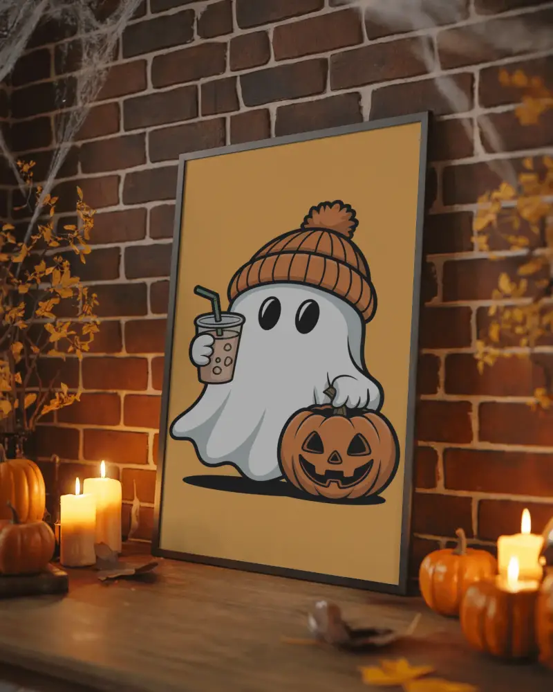 Halloween Poster Mockup On Brick Wall With Pumpkins Candles And Cobweb Decor
