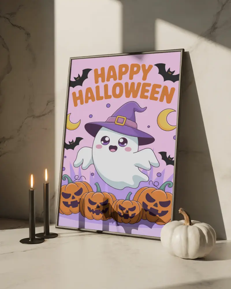 Halloween Poster Mockup With Bat Shadow On Minimal Marble Wall And Black Candles