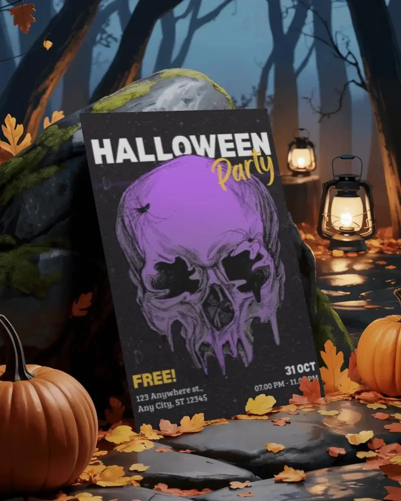 Spooky Halloween Poster Mockup With Lanterns And Pumpkins Autumn Leaves