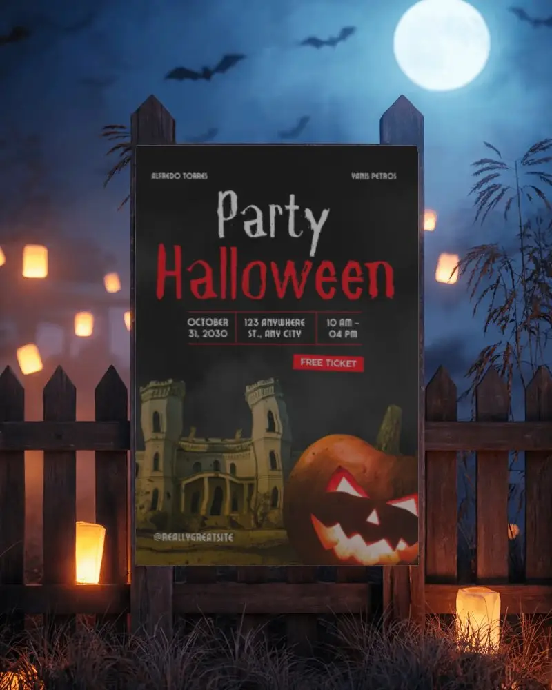 Haunted Backyard Halloween Poster Mockup Moonlit Scene Dark Fence Bats Glowing Lanterns