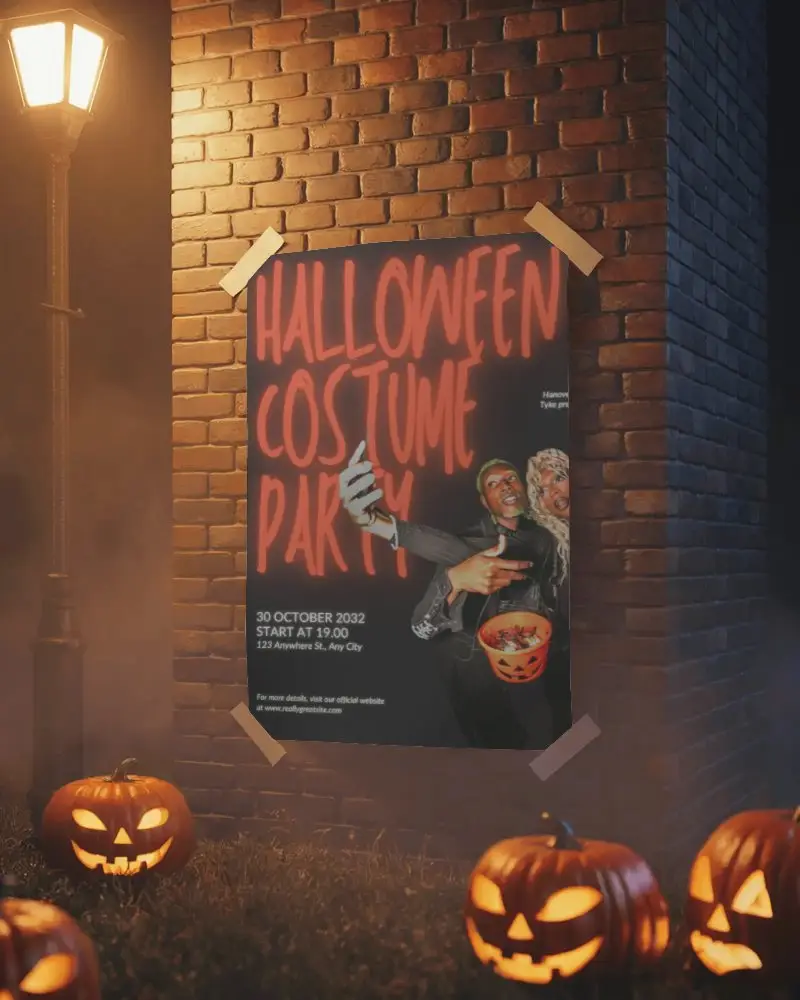 Scary Carved Pumpkin Lanterns In Grass With Poster Mockup On Brick Wall In Eerie Halloween Night