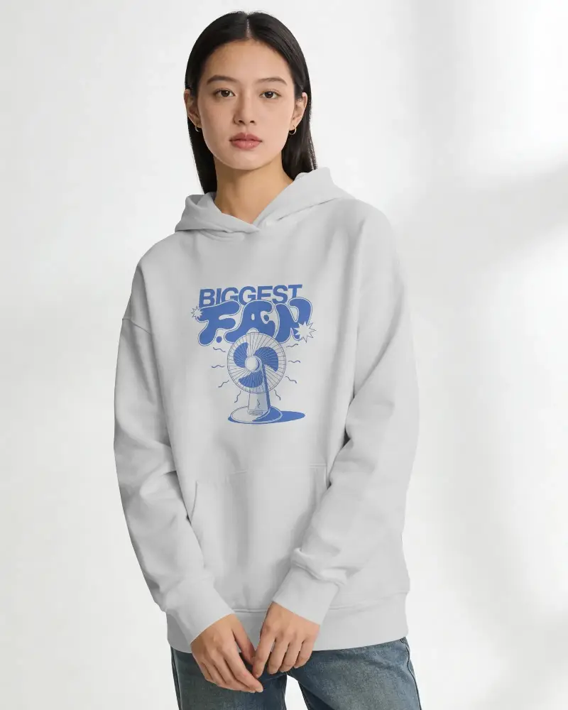 Hoodie Mockup Female Standing Clean White Background Soft Studio Light Minimal Fashion Look