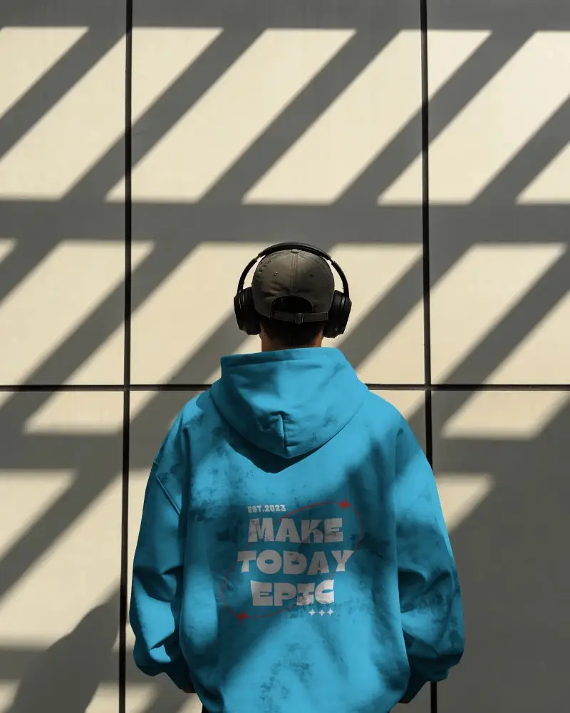 Back View Hoodie Mockup With Cap And Headphones Shadow Wall Urban Look