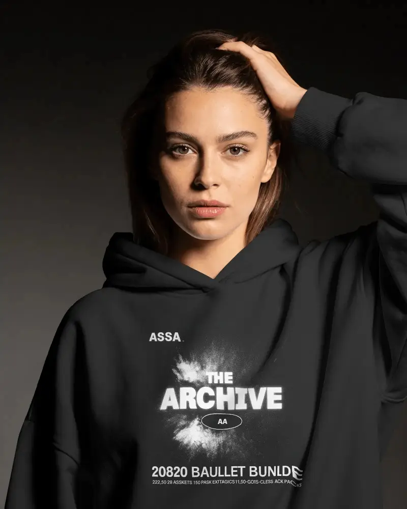 Studio Portrait Hoodie Mockup Female Model Dark Gradient Soft Light Look