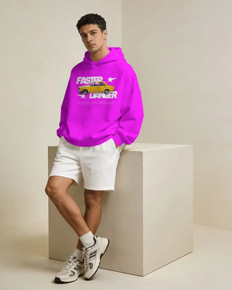 Studio Hoodie Mockup On Model With Leaning Pose And Minimal Beige Background