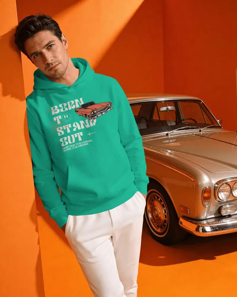Lifestyle Hoodie Mockup On Model With Leaning Pose And Vintage Car Background