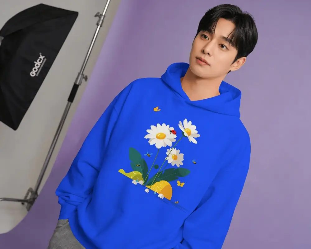 Etsy Hoodie Mockup Front View Male Model Standing In Studio With Purple Backdrop Soft Lighting