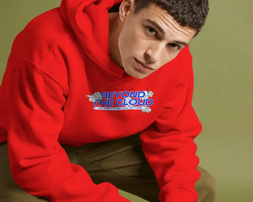 Amazon Hoodie Mockup Close Up Male Model Leaning Forward In Casual Studio Portrait With Soft Green