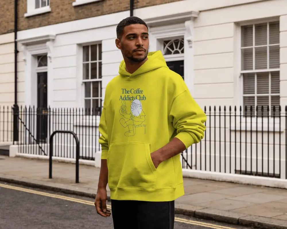 Urban Hoodie Mockup Front View Male Model Standing On Residential Street With Relaxed Lifestyle