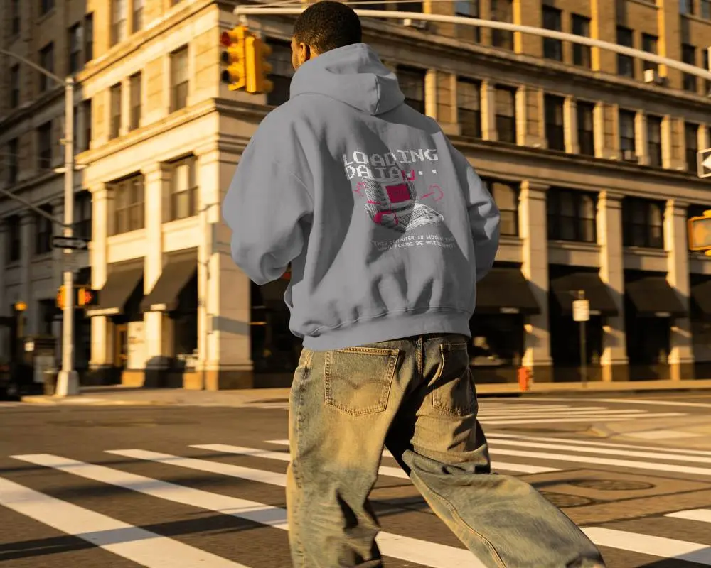 Etsy Hoodie Mockup Back View Male Model Crossing City Street In Warm Golden Hour Light