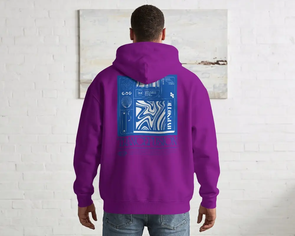 Printful Hoodie Mockup Back View Male Model Standing Against White Brick Wall In Clean Studio Room