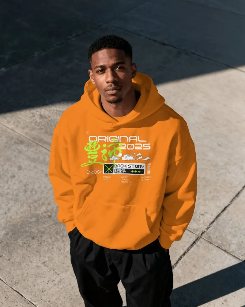 Amazon Hoodie Mockup High Angle Front View Male Model Standing On Concrete Sidewalk In Daylight