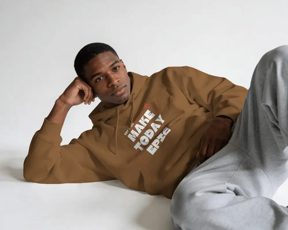 Printful Hoodie Mockup Male Model Reclining On Floor In Clean White Studio Lifestyle Scene