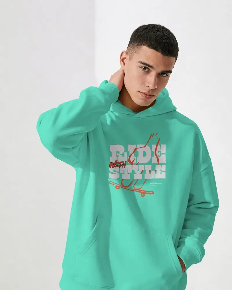 Etsy Hoodie Mockup Front View Male Model Touching Neck In Clean White Studio Lighting