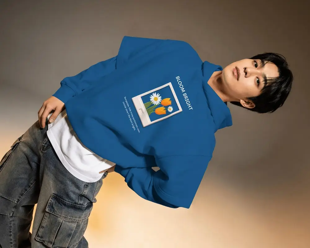 Etsy Hoodie Mockup Tilted Fashion Pose Male Model Leaning Sideways In Warm Editorial Studio Light