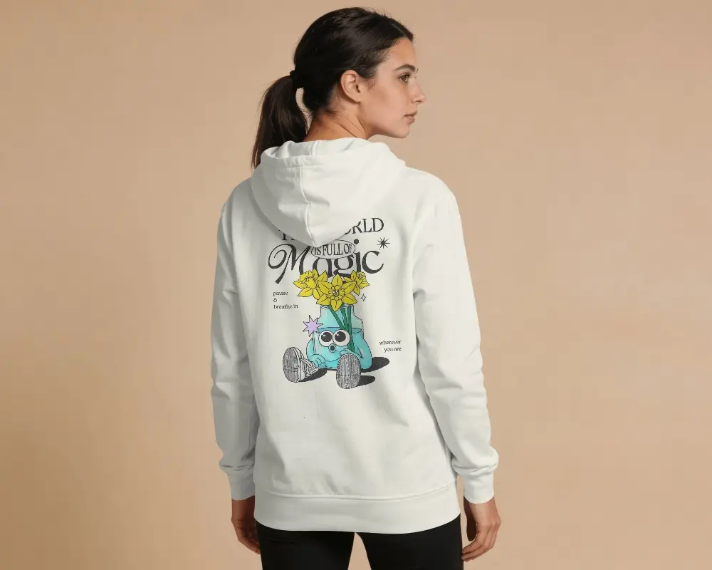 Back View Hoodie Mockup Female Model Standing Against Warm Neutral Studio Editorial Aesthetic