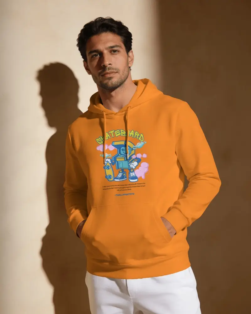 Front View Hoodie Mockup Male Model Standing Against Warm Wall With Dramatic Shadow Bold Sunlight
