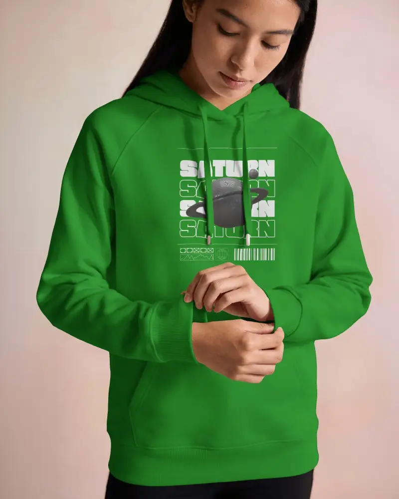 Front View Hoodie Mockup Female Model Adjusting Sleeve In Soft Studio Light Cuff Detail
