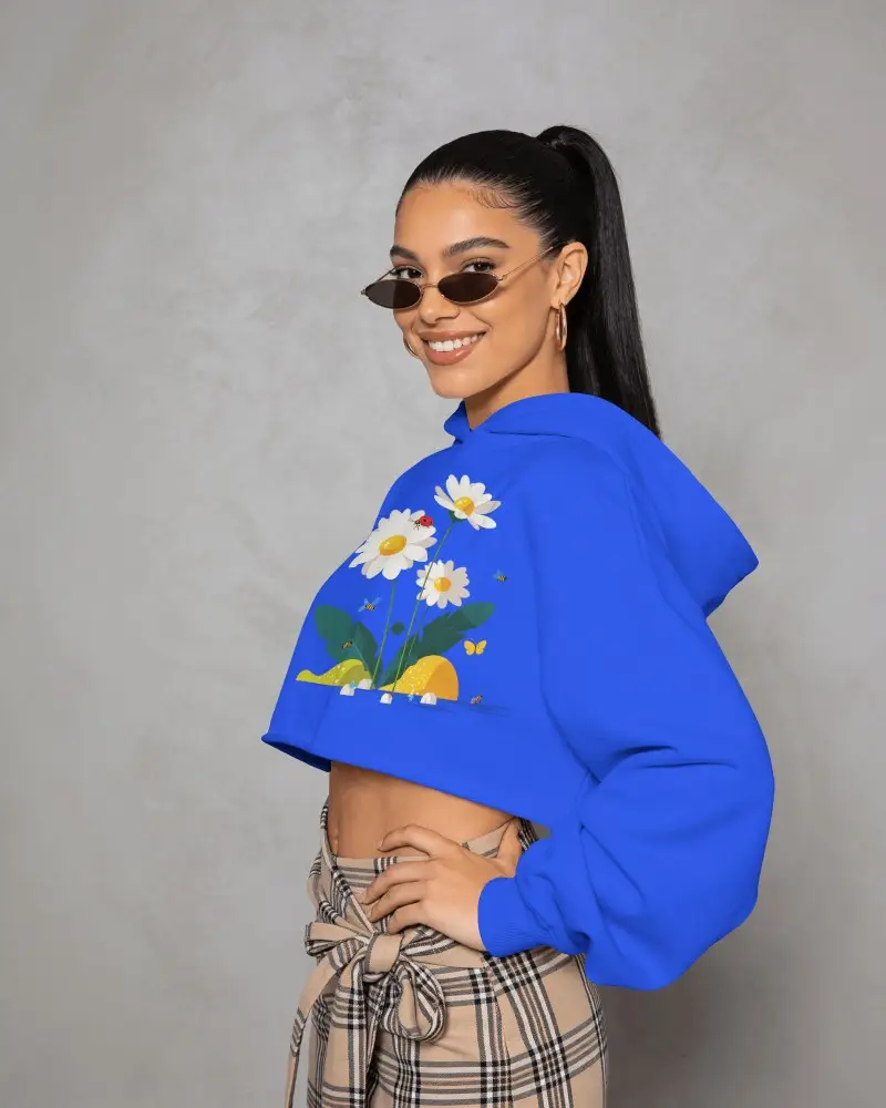 Cropped Hoodie Mockup Female Model Smiling With Sunglasses And Lifestyle Fashion Pose