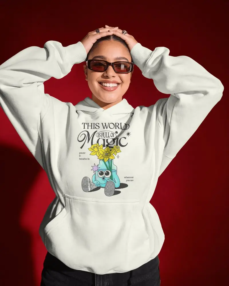 Red Studio Hoodie Mockup Female Model Smiling With Hands On Head And Sunglasses Confident Smile