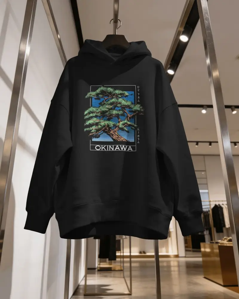 Hanging Hoodie Mockup In Boutique Store With Metal Frame And Premium Retail Product Focus