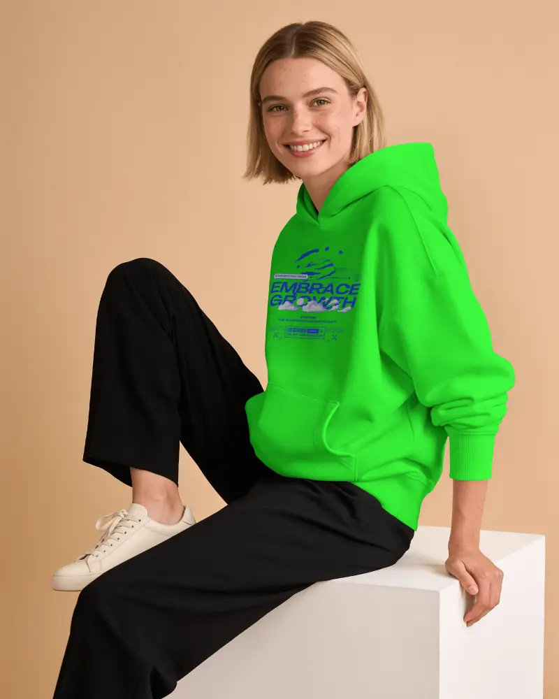 Comfortable Casual Women Hoodie Mockup Sitting Relaxed Minimalist Studio Lifestyle Fashion