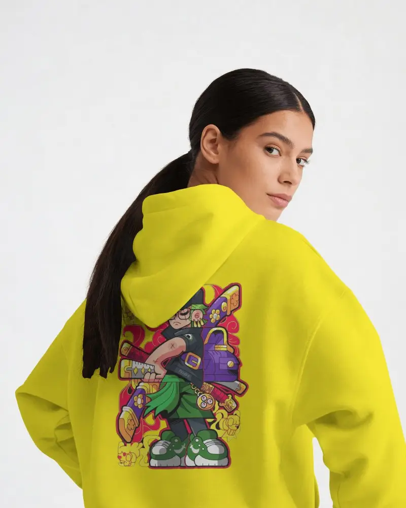 Hoodie Mockup Female Model Back View Wearing Blank Oversized Hoodie On Clean White Studio