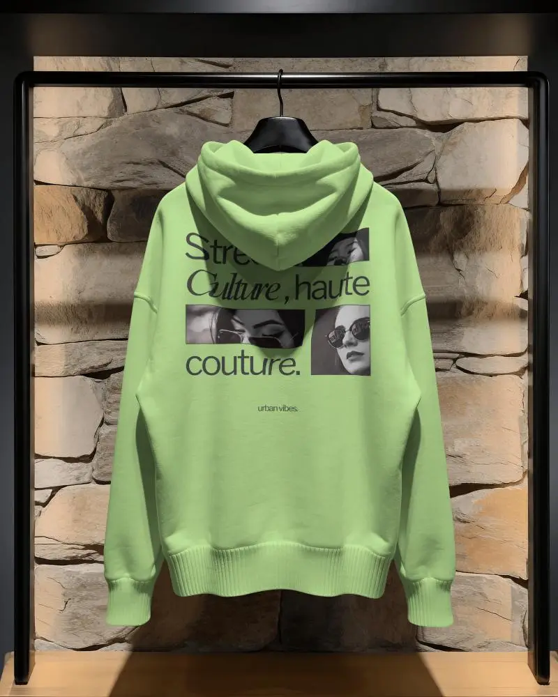 Hoodie Mockup Back View Hanging On Black Rack With Stone Wall Boutique Display Background