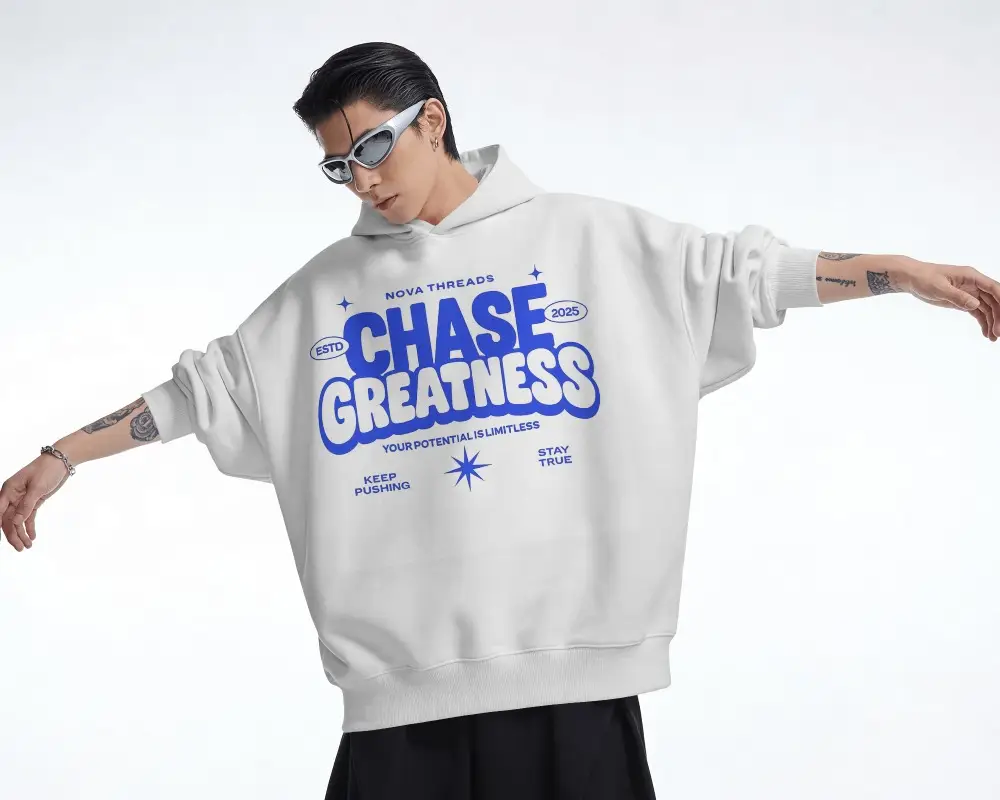 Hoodie Mockup Streetwear Model In Wide Sleeve Pullover With Sunglasses And Minimal Studio