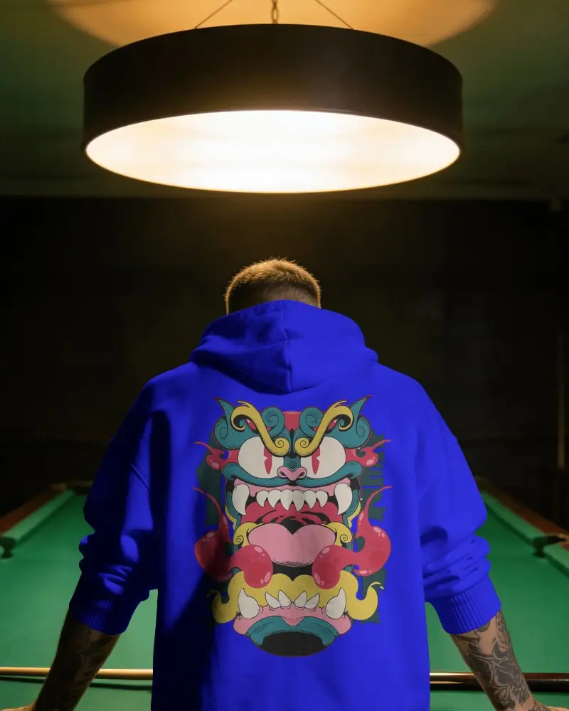 Hoodie Mockup Rear View Streetwear Model In Dark Billiards Room With Warm Lighting
