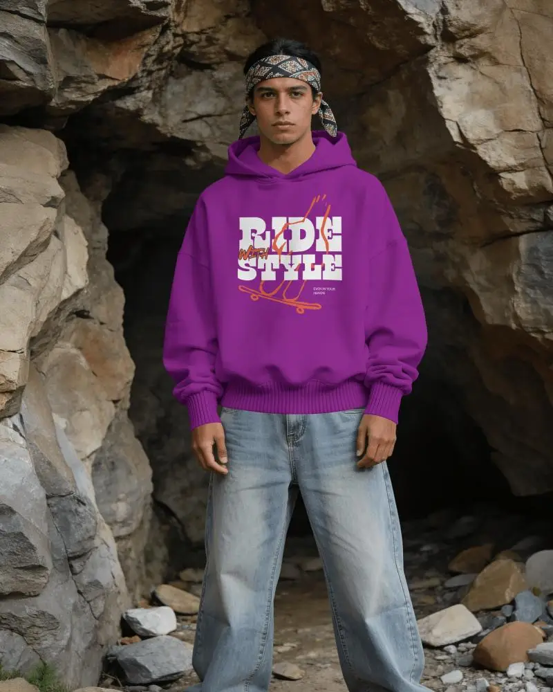 Hoodie Mockup Front View Streetwear Model Standing Against Natural Stone Cave Background