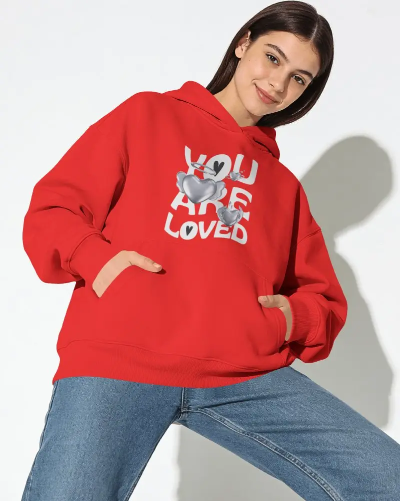 Low Angle Womens Hoodie Mockup With Female Model Leaning Forward And Hands Inside Kangaroo Pocket