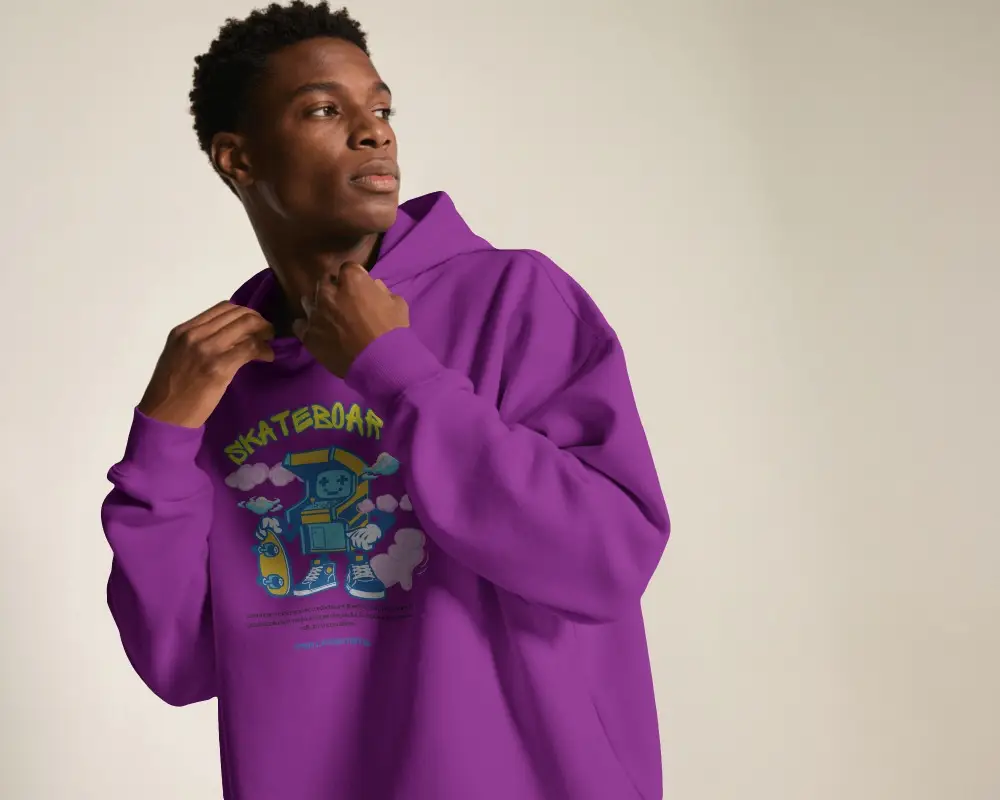 Editorial Mens Hoodie Mockup With Model Adjusting Neckline And Looking Away In Soft Studio Light