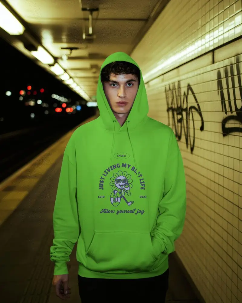 Night Subway Scene Hoodie Mockup Young Man Wearing Hood In Dimly Lit Underground Pass