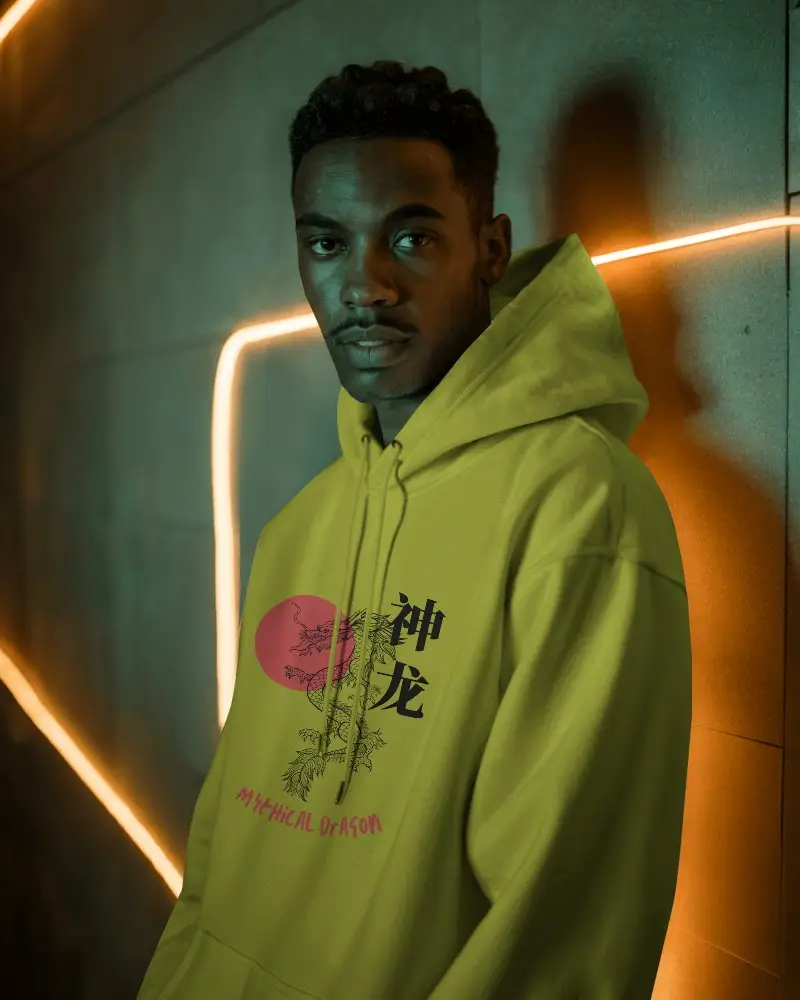 Futuristic Streetwear Hoodie Mockup Male Model In Urban Night Scene With Neon Light Reflections
