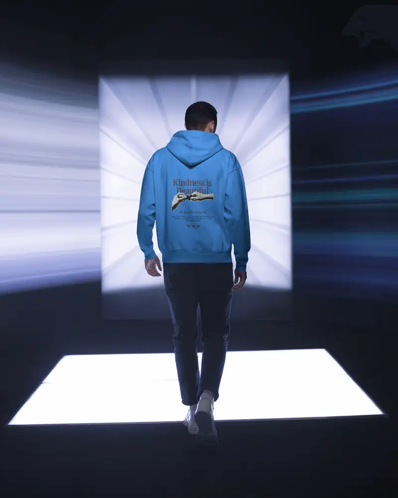 Backview Hoodie Mockup Male Model Walking Towards Illuminated White Square Platform 0768