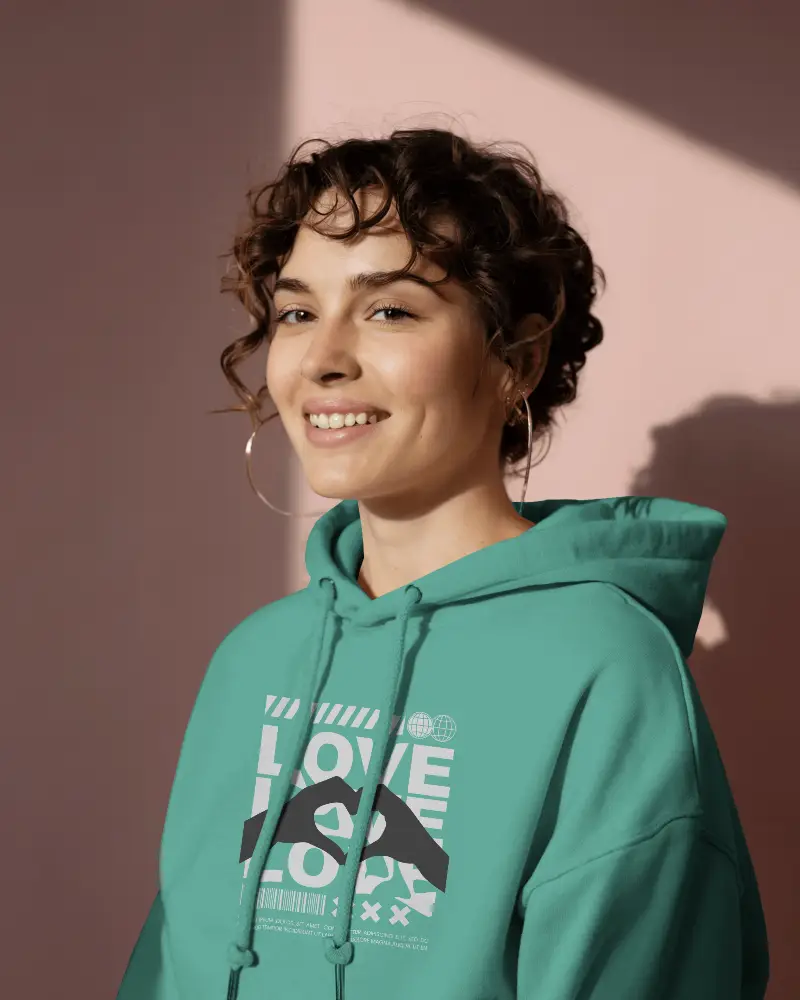 Cozy Hoodie Mockup Smiling Woman In Soft Morning Light Against Warm Pink Wall Background 0764