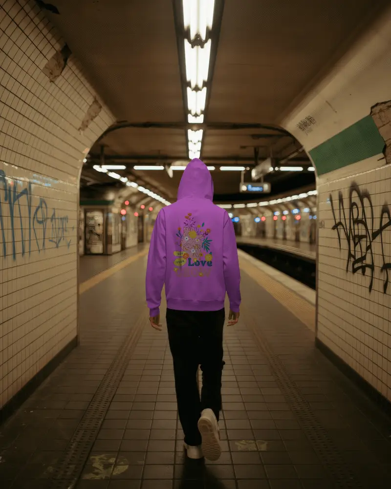 Grunge Metro Tunnel Hoodie Mockup Walking Model In Hoodie On Tiled Subway Platform Scene 0770